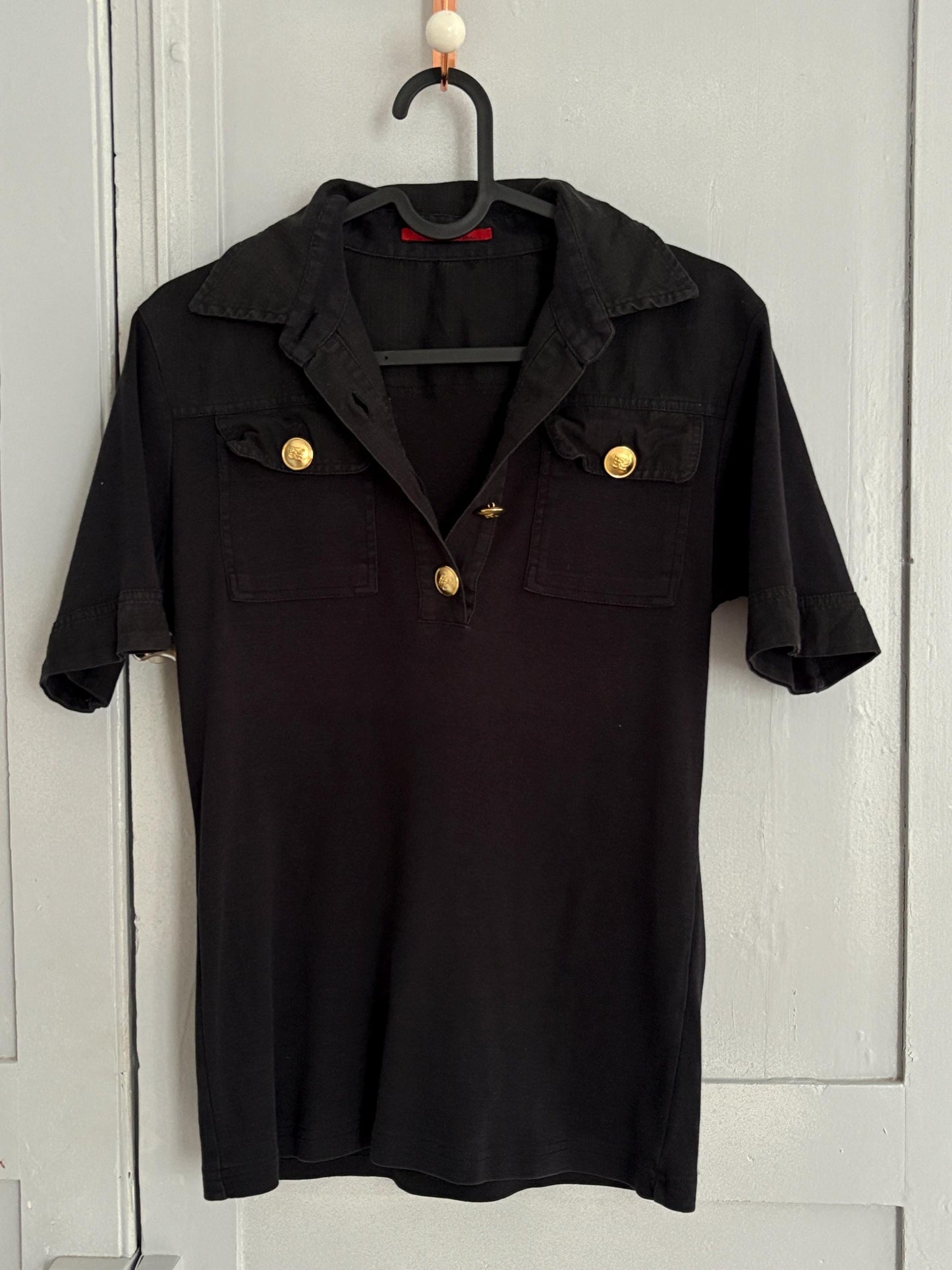 Vintage Carolina Herrera Black Shirt – Gold Button Detail Cotton Polo Style Top Size M