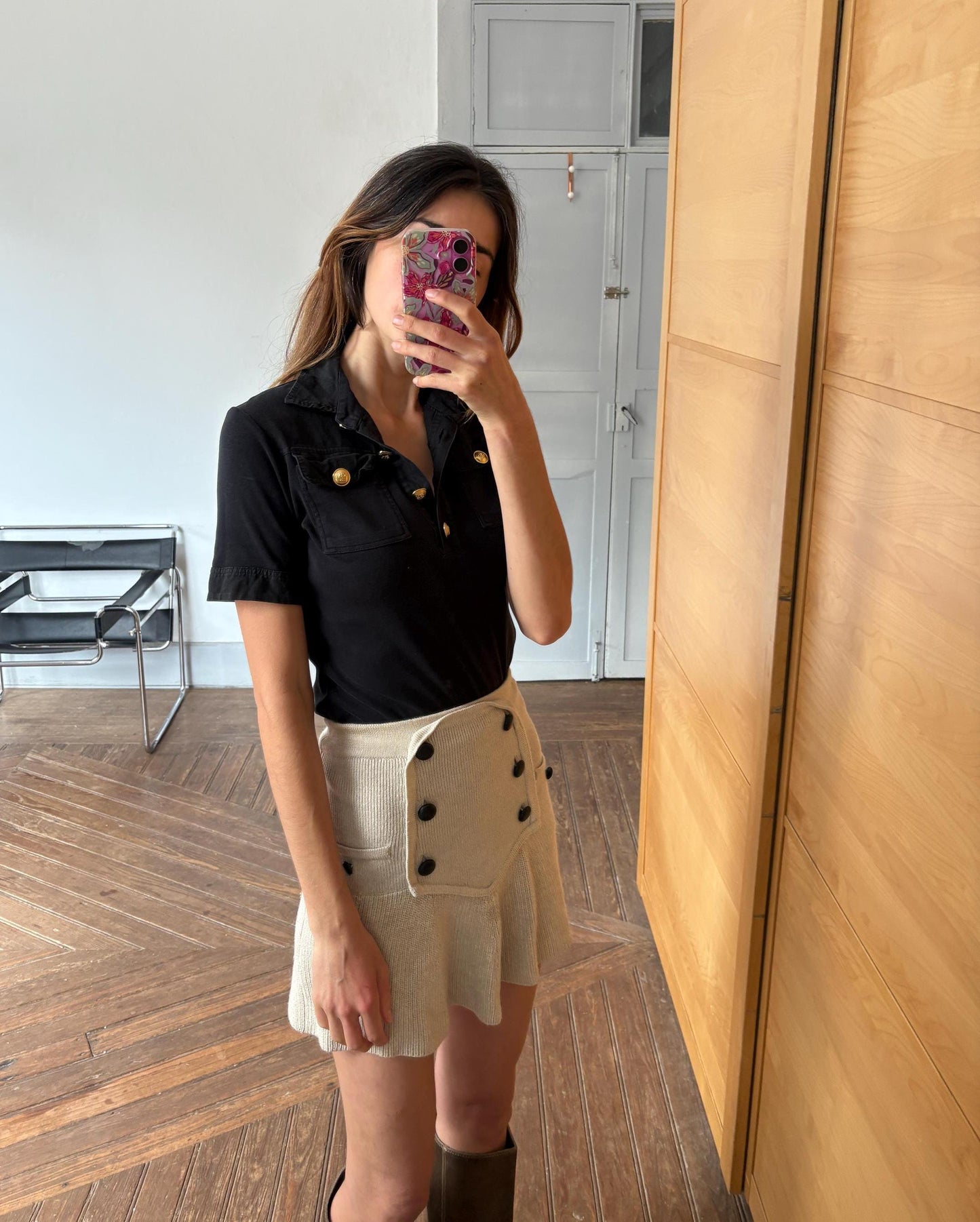 Vintage Carolina Herrera Black Shirt – Gold Button Detail Cotton Polo Style Top Size M