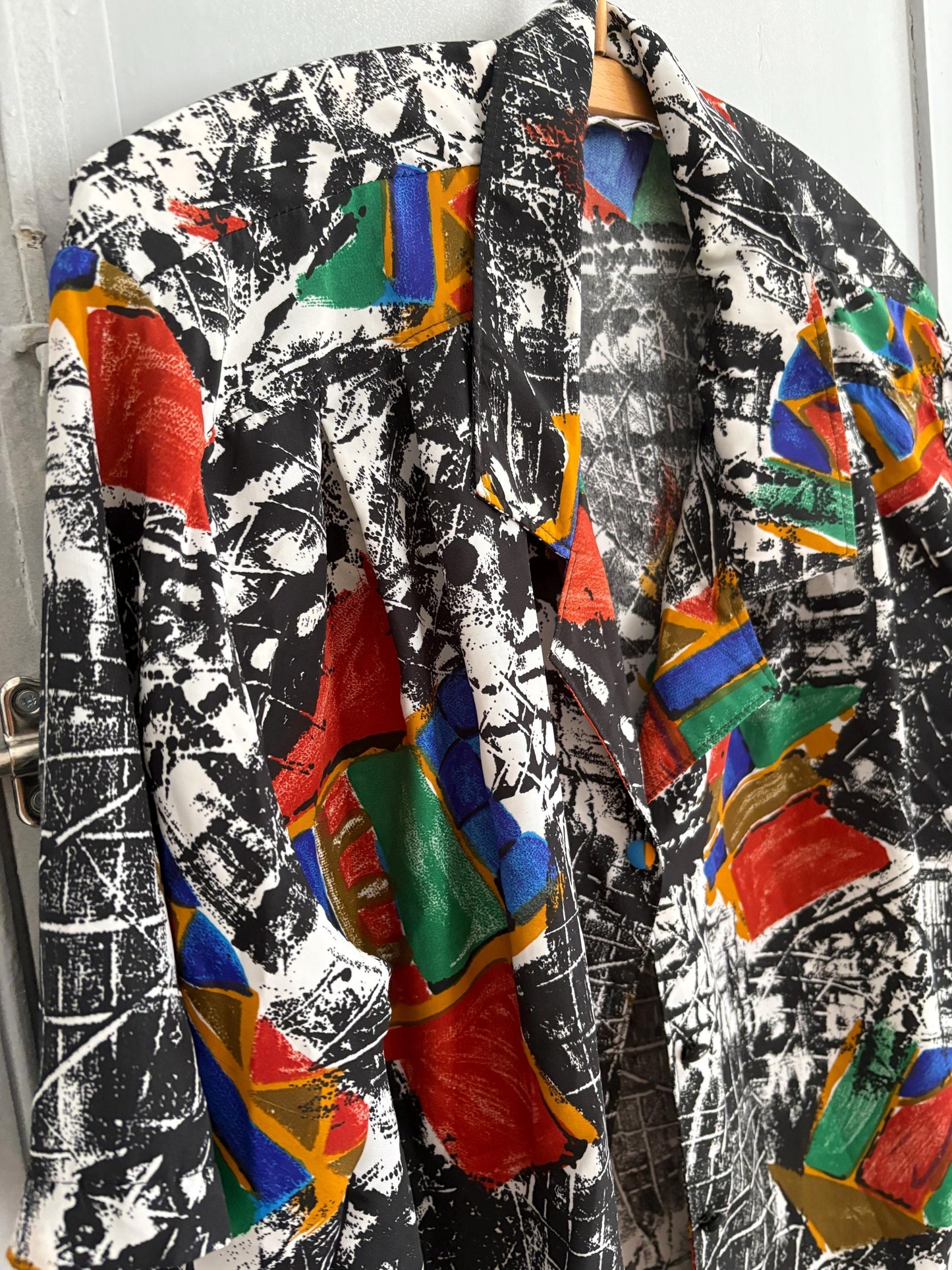 Vintage abstract retro button up shirt, Patterned top, Cute short sleeve summer shirt, Loose oversized 70s blouse