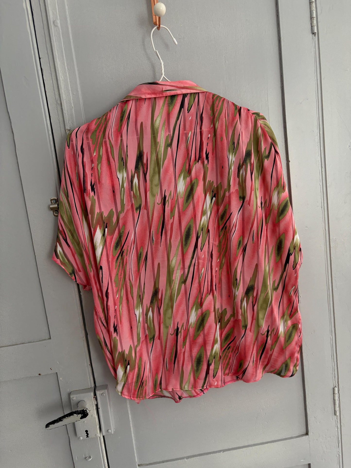 Vintage pink abstract woman camisole, 60s flower top, Short sleevecolourful feminine summer clothing