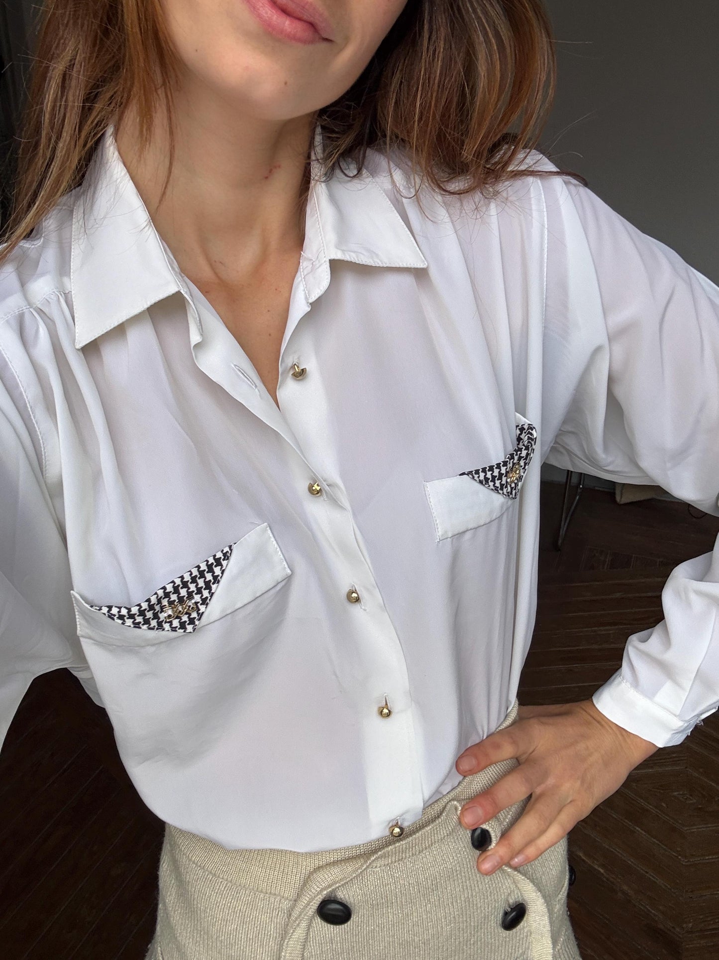 Vintage white button up woman shirt, Retro black and white Houndstooth blouse, collared button up summer shirt, Dark Academia fashion,