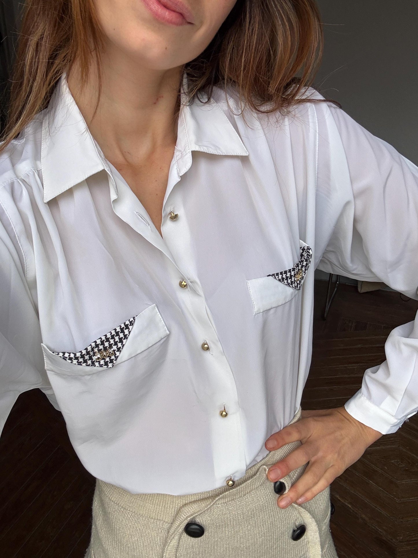 Vintage white button up woman shirt, Retro black and white Houndstooth blouse, collared button up summer shirt, Dark Academia fashion,