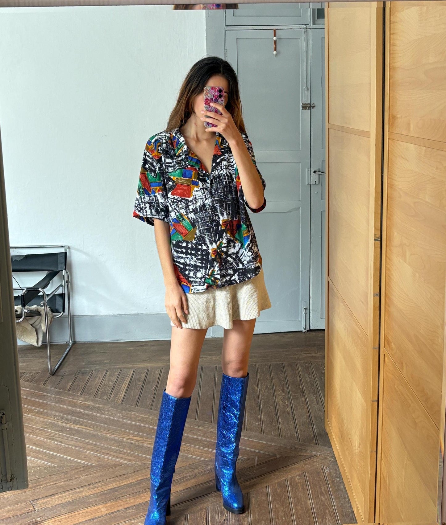 Vintage abstract retro button up shirt, Patterned top, Cute short sleeve summer shirt, Loose oversized 70s blouse