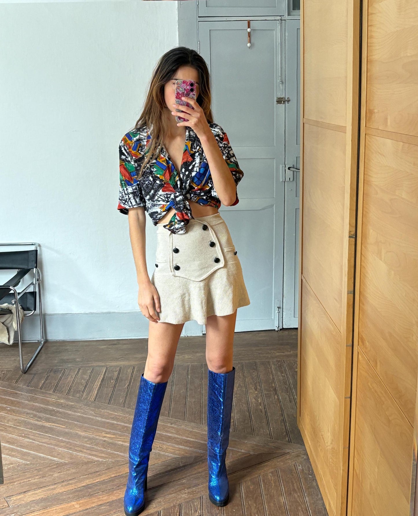 Vintage abstract retro button up shirt, Patterned top, Cute short sleeve summer shirt, Loose oversized 70s blouse