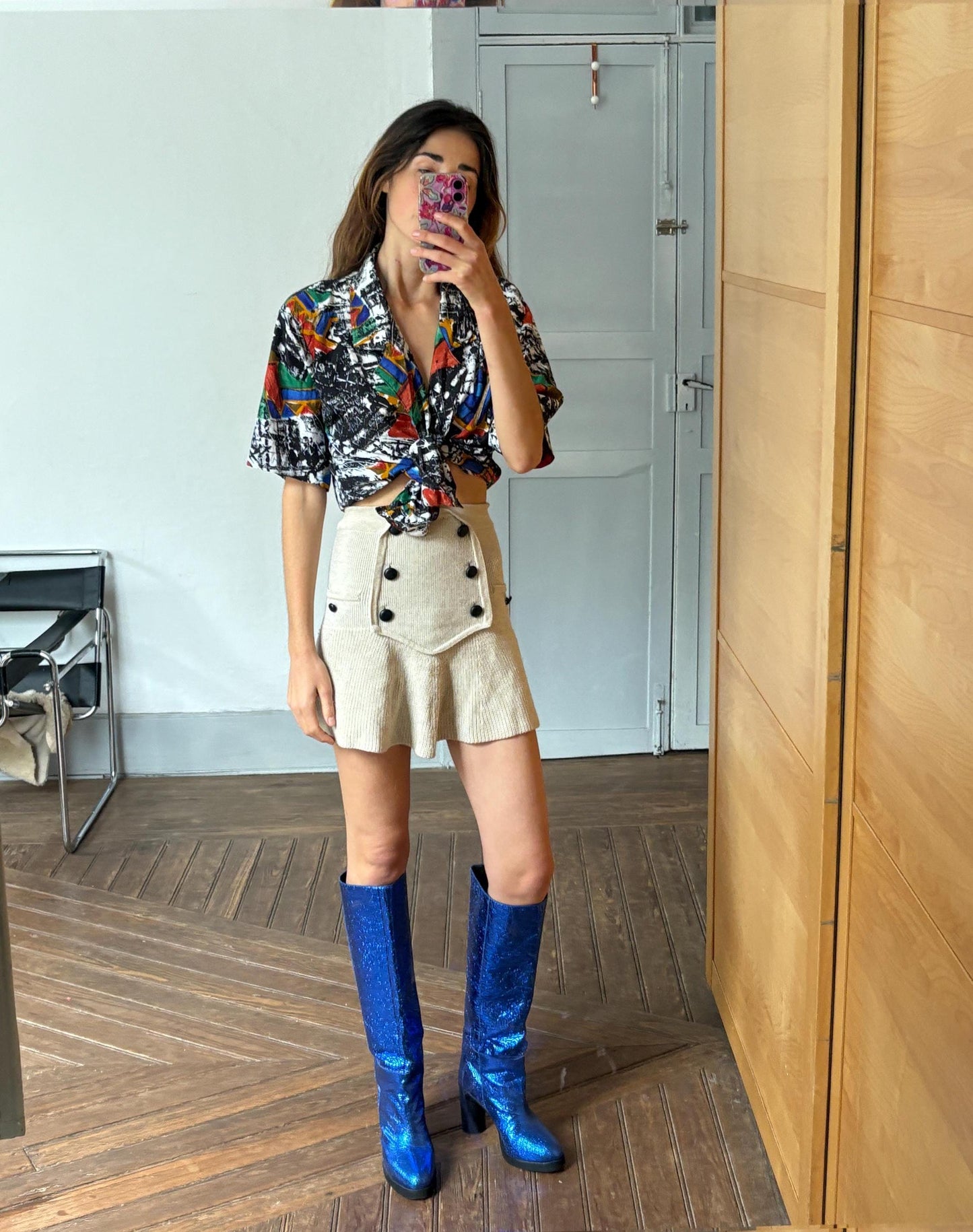 Vintage abstract retro button up shirt, Patterned top, Cute short sleeve summer shirt, Loose oversized 70s blouse