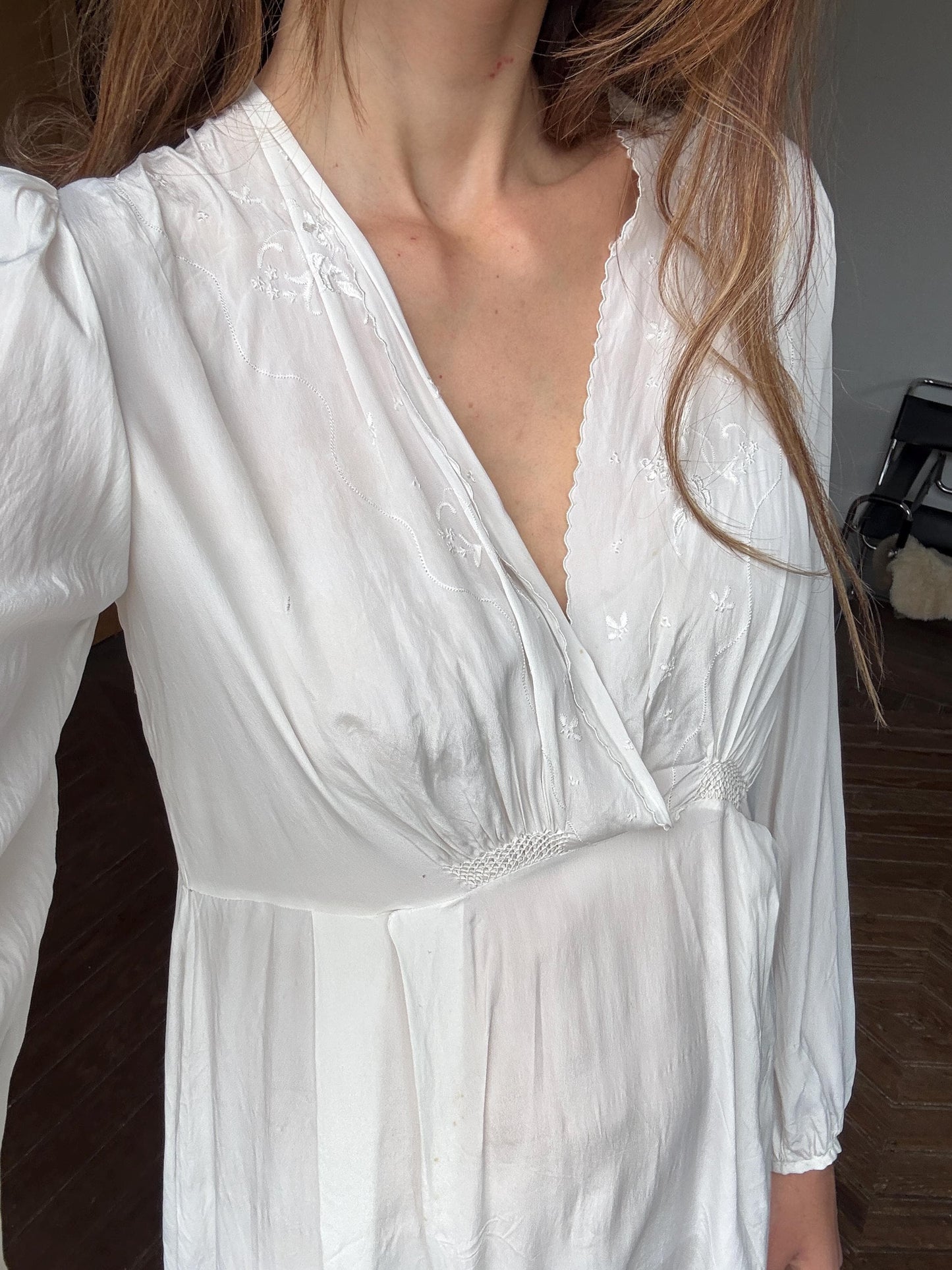 Authentic Vintage Ivory Nightgown – Long Silky feel Nightdress, Romantic Sleepwear, Boho Loungewear, Cottage core Prairie Dress