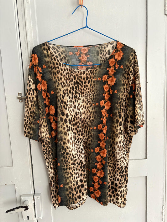 Leopard Print Floral Blouse, Bold Animal Print Top, Oversized Loose Fit Shirt, Vintage Statement Blouse, Women’s Size L, Boho Chic Fashion