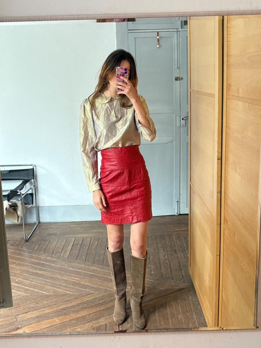 Vintage red leather pencil skirt for Saks fifth Avenue, Luxury designer warehouse high waist tight skirt, Emily in Paris statement outfit