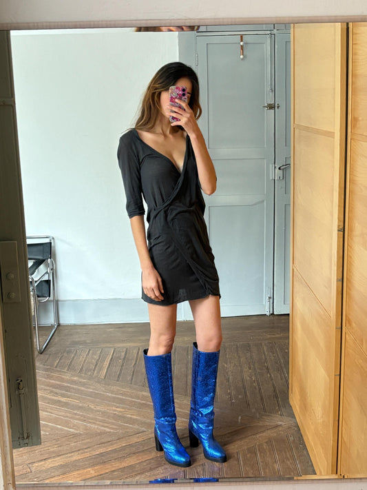 Vintage Humanoid Black Cotton Wrap Dress – Minimalist Sheer Summer Dress with Deep V Neckline – Italian Y2K Resort Wear (Size S)