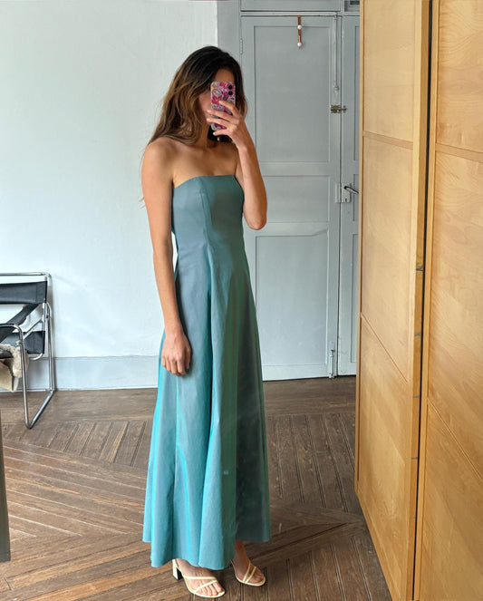 Vintage Strapless Blue Formal Dress, Shiny Wedding Guest Dress, Elegant Corset Bodice Gown, Long Evening Dress, Size 12