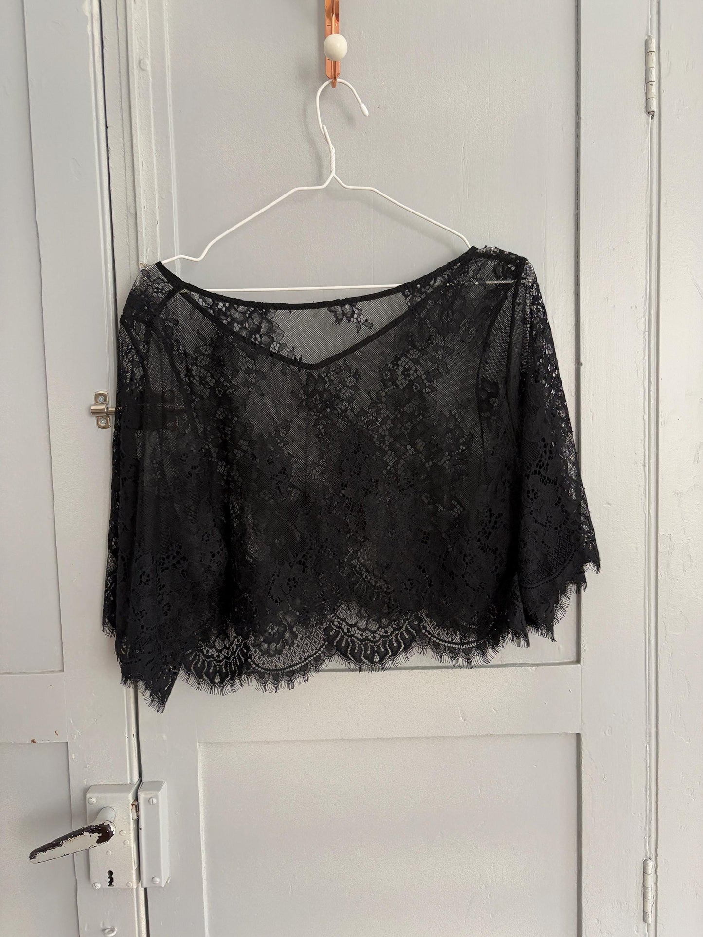 Sheer Black Lace Crop Top, Floral Mesh See-Through Blouse, Gothic Aesthetic Festival Top, Elegant Vintage Style Net Shirt, Size S