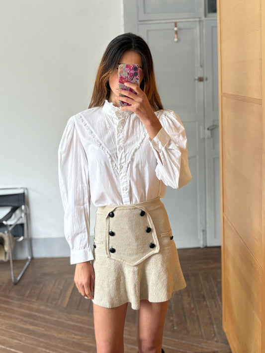 Vintage White Lace Blouse – Romantic French Cottagecore – 100% Cotton – Victorian Prairie Aesthetic – High Neck, Eyelet Lace – M - L