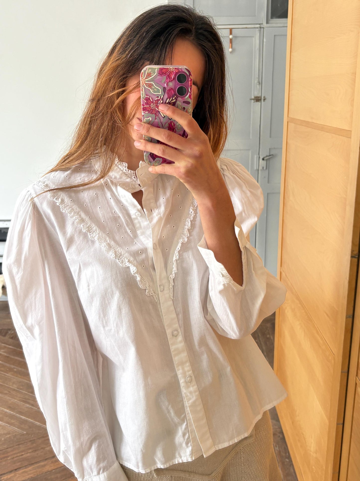 Vintage White Lace Blouse – Romantic French Cottagecore – 100% Cotton – Victorian Prairie Aesthetic – High Neck, Eyelet Lace – M - L