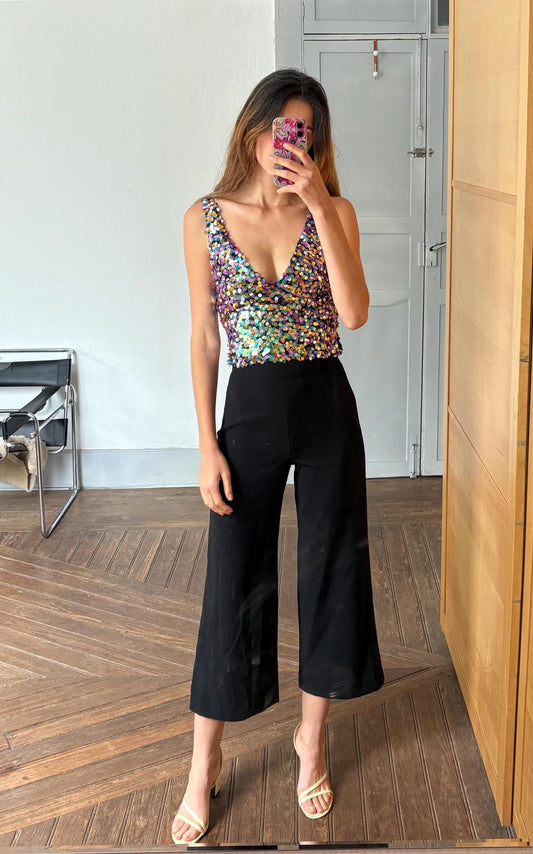 Vintage Sequin Crop Top – Multicolor Sparkle Party Tank – Sleeveless Y2K Glitter Vest – Size XS-S (US) / 34-36 (EU)