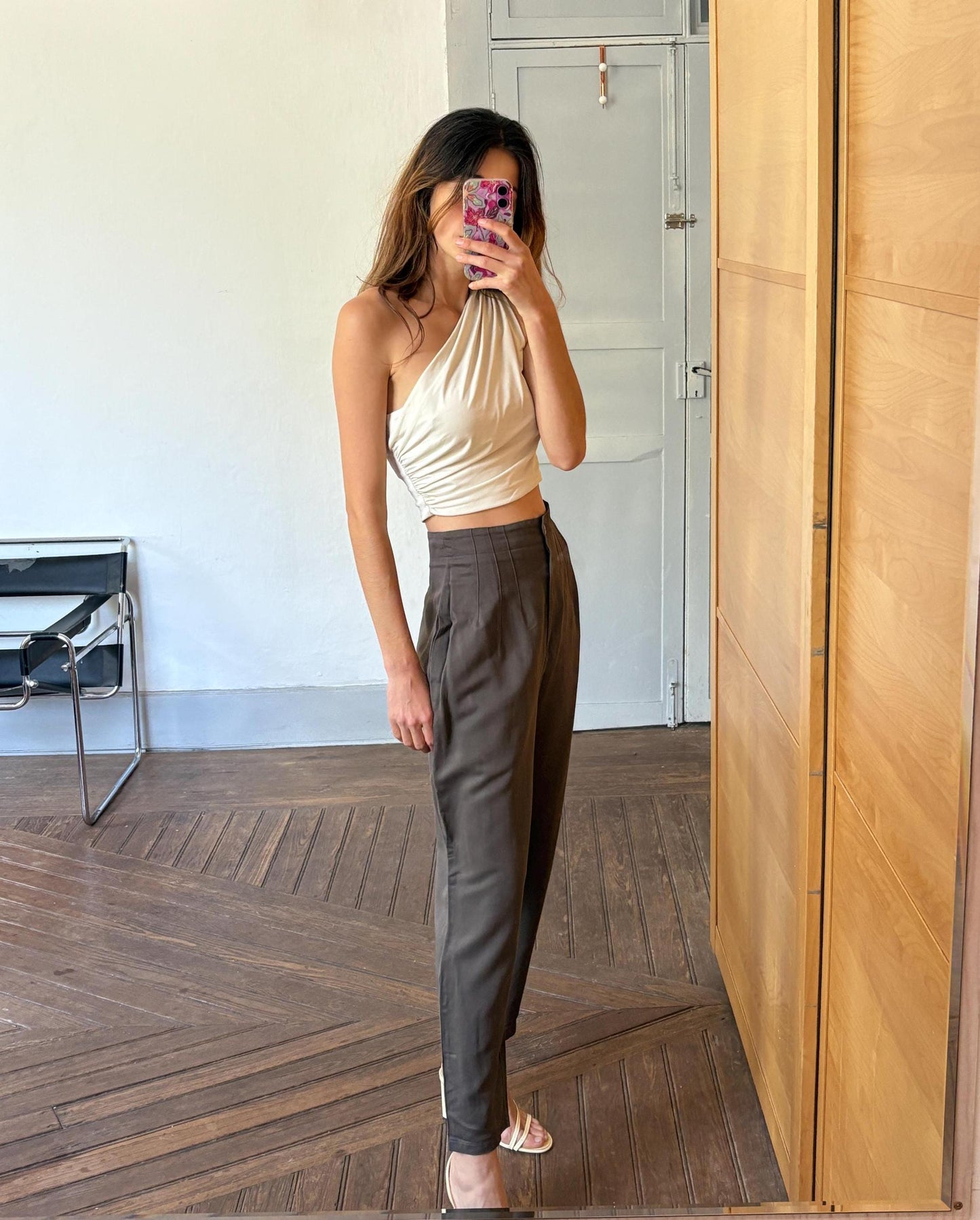 Vintage Minx by Eva Lutz Brown High Waisted Trousers – Cupro Silk Blend Tailored Pants Made in Germany – Relaxed Fit Workwear (EU 38)