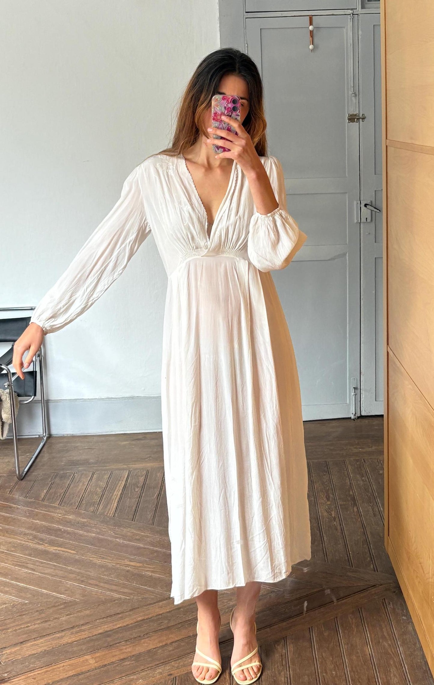 Authentic Vintage Ivory Nightgown – Long Silky feel Nightdress, Romantic Sleepwear, Boho Loungewear, Cottage core Prairie Dress