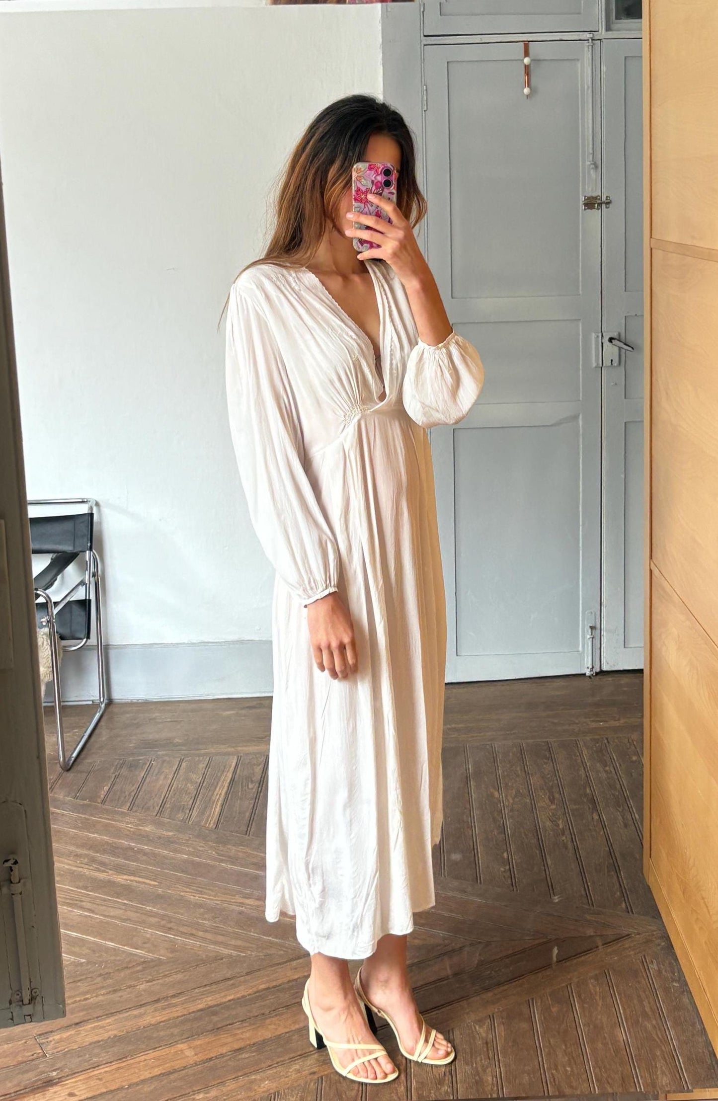 Authentic Vintage Ivory Nightgown – Long Silky feel Nightdress, Romantic Sleepwear, Boho Loungewear, Cottage core Prairie Dress