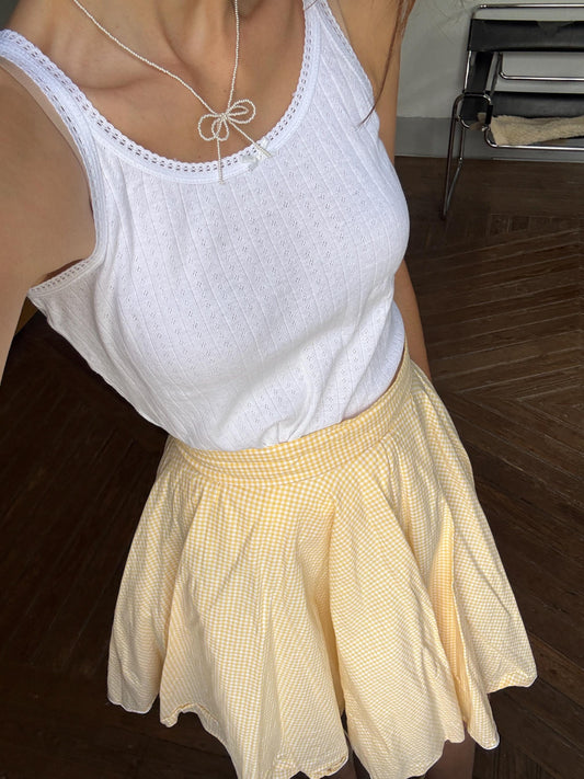 Vintage yellow cottage core mini skirt picnic checkered pattern wedding guest summer party volume zipper closure, Size S