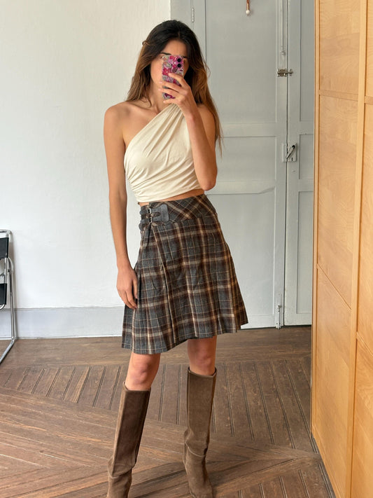Vintage Wool Tartan Skirt – John Ashfield, Pleated Kilt, Leather Buckles, Dark Academia, EU 38-40 / UK 10-12 / US 6-8