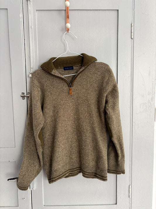 vintage wool zip sweater half zip pullover 80% wool olive green knit quiet luxury unisex classic layering piece