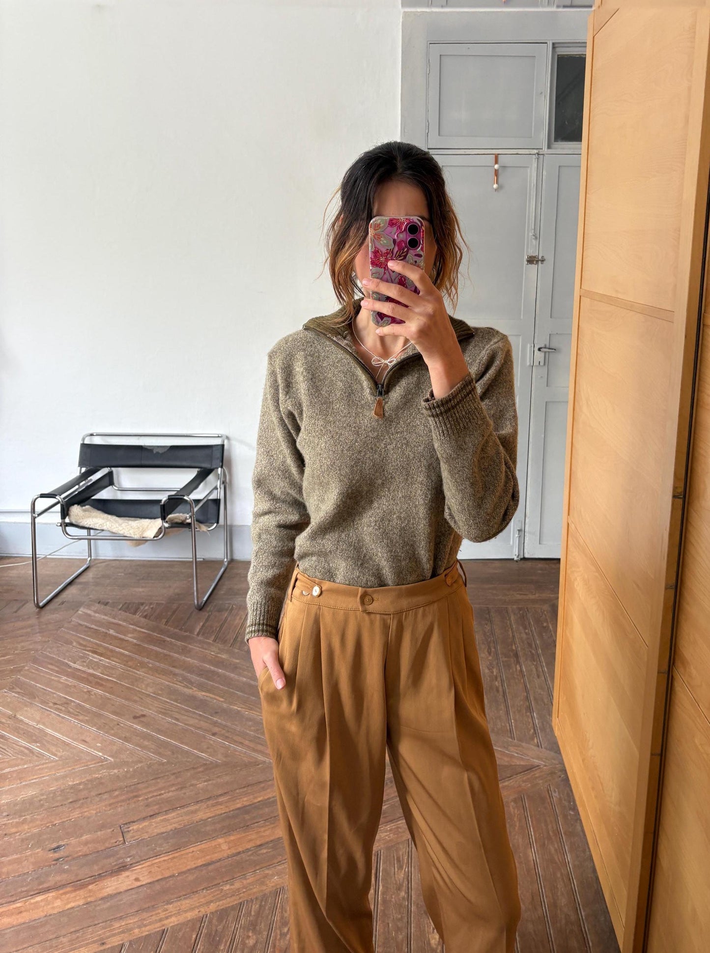 vintage wool zip sweater half zip pullover 80% wool olive green knit quiet luxury unisex classic layering piece