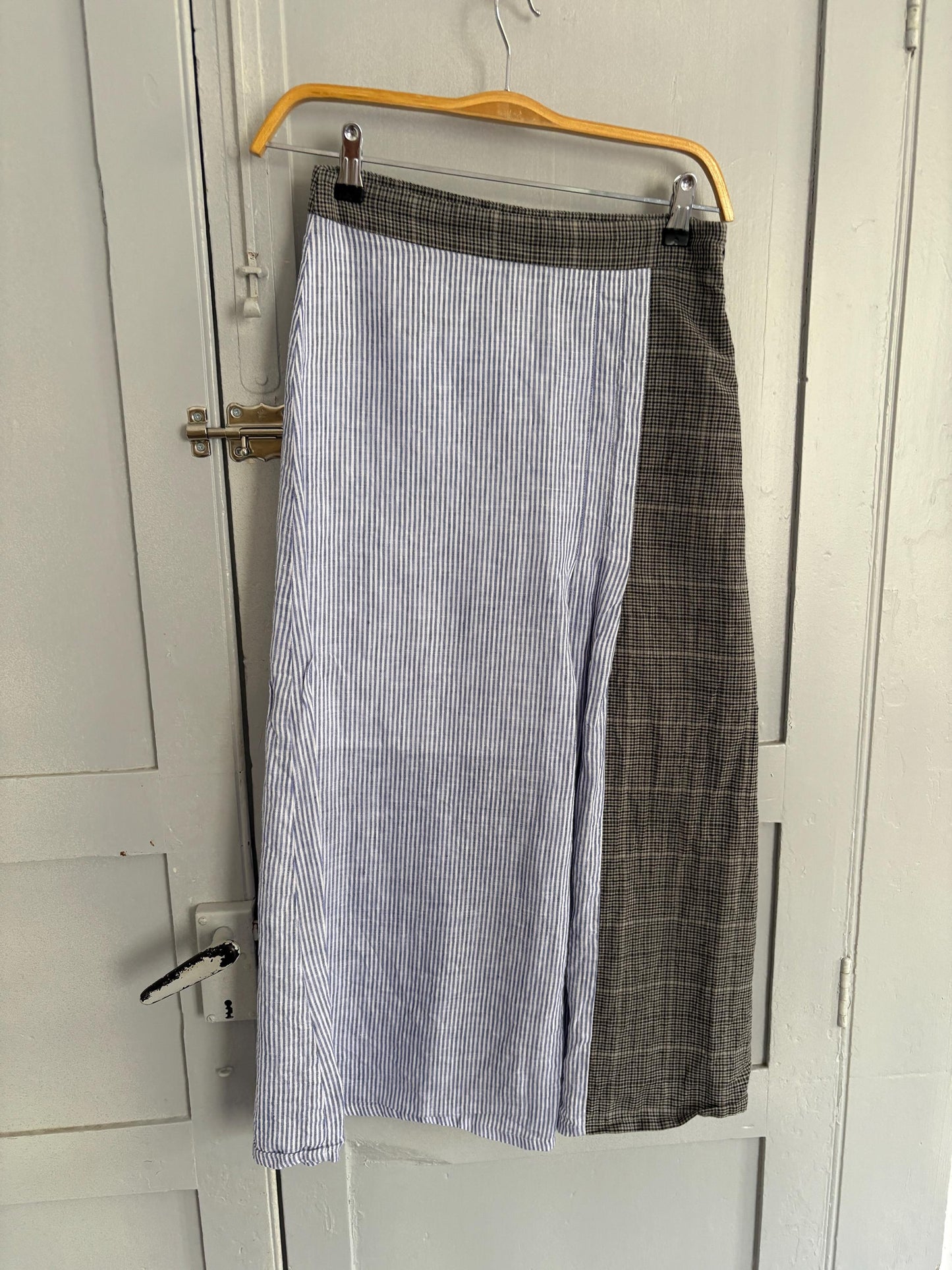 Vintage Black Velvet Circus Wool Linen Midi Skirt, Blue Striped Panel Skirt, Summer High Waist Skirt, Size S