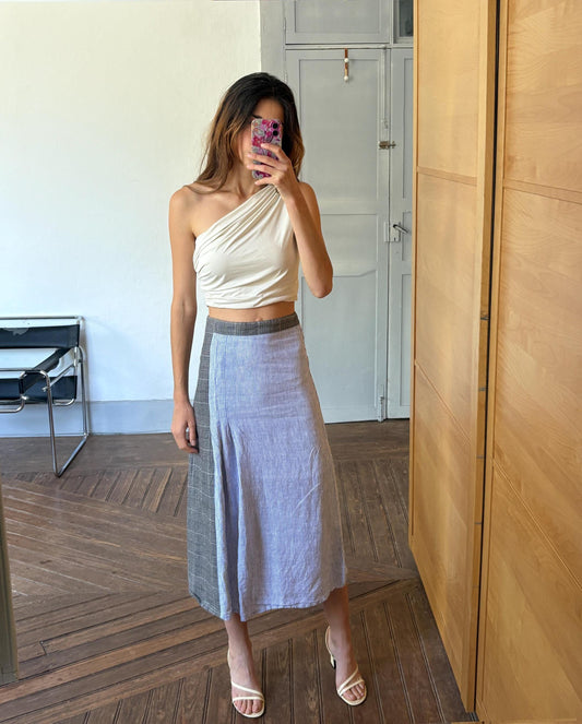 Vintage Black Velvet Circus Wool Linen Midi Skirt, Blue Striped Panel Skirt, Summer High Waist Skirt, Size S