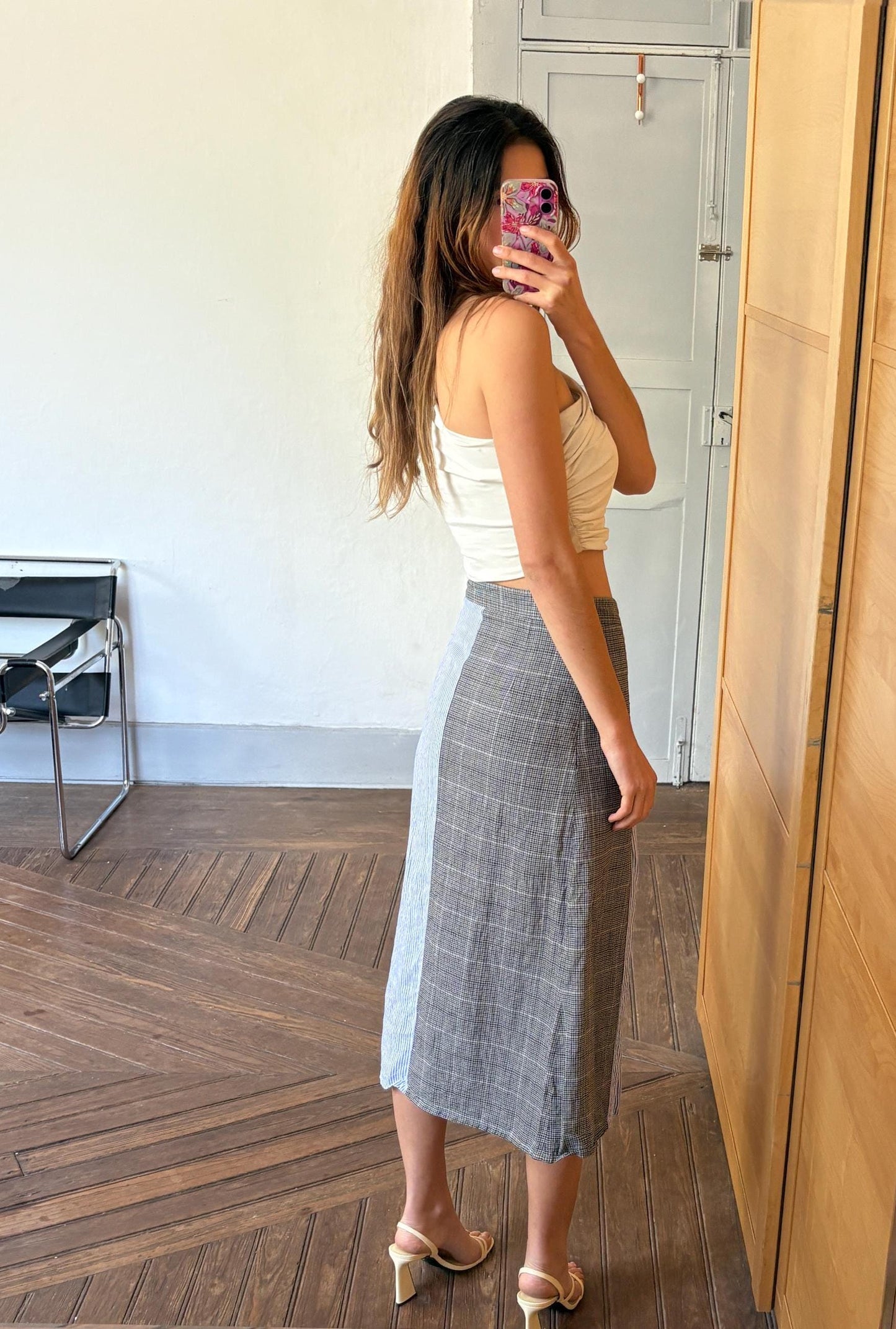 Vintage Black Velvet Circus Wool Linen Midi Skirt, Blue Striped Panel Skirt, Summer High Waist Skirt, Size S