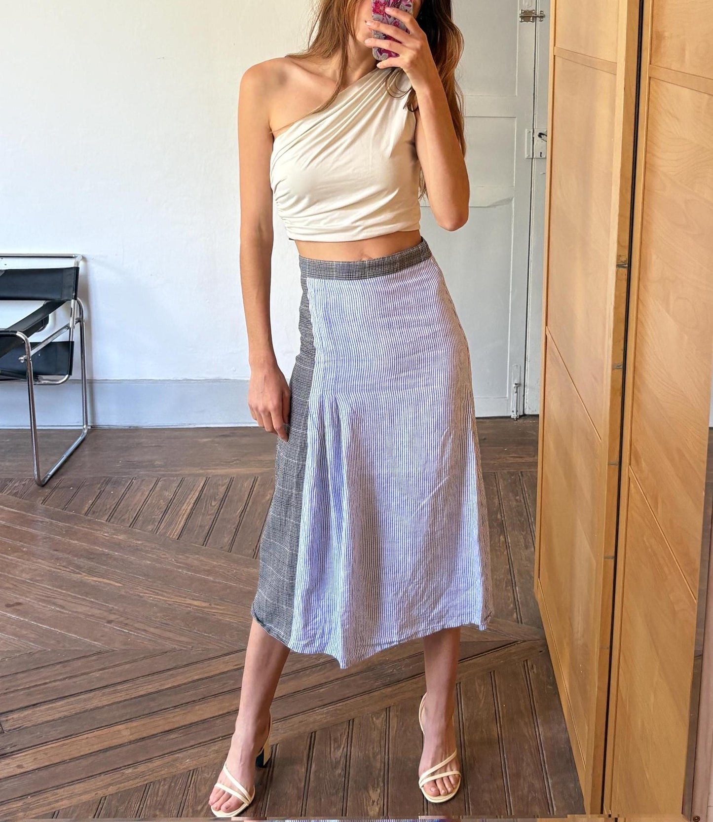 Vintage Black Velvet Circus Wool Linen Midi Skirt, Blue Striped Panel Skirt, Summer High Waist Skirt, Size S