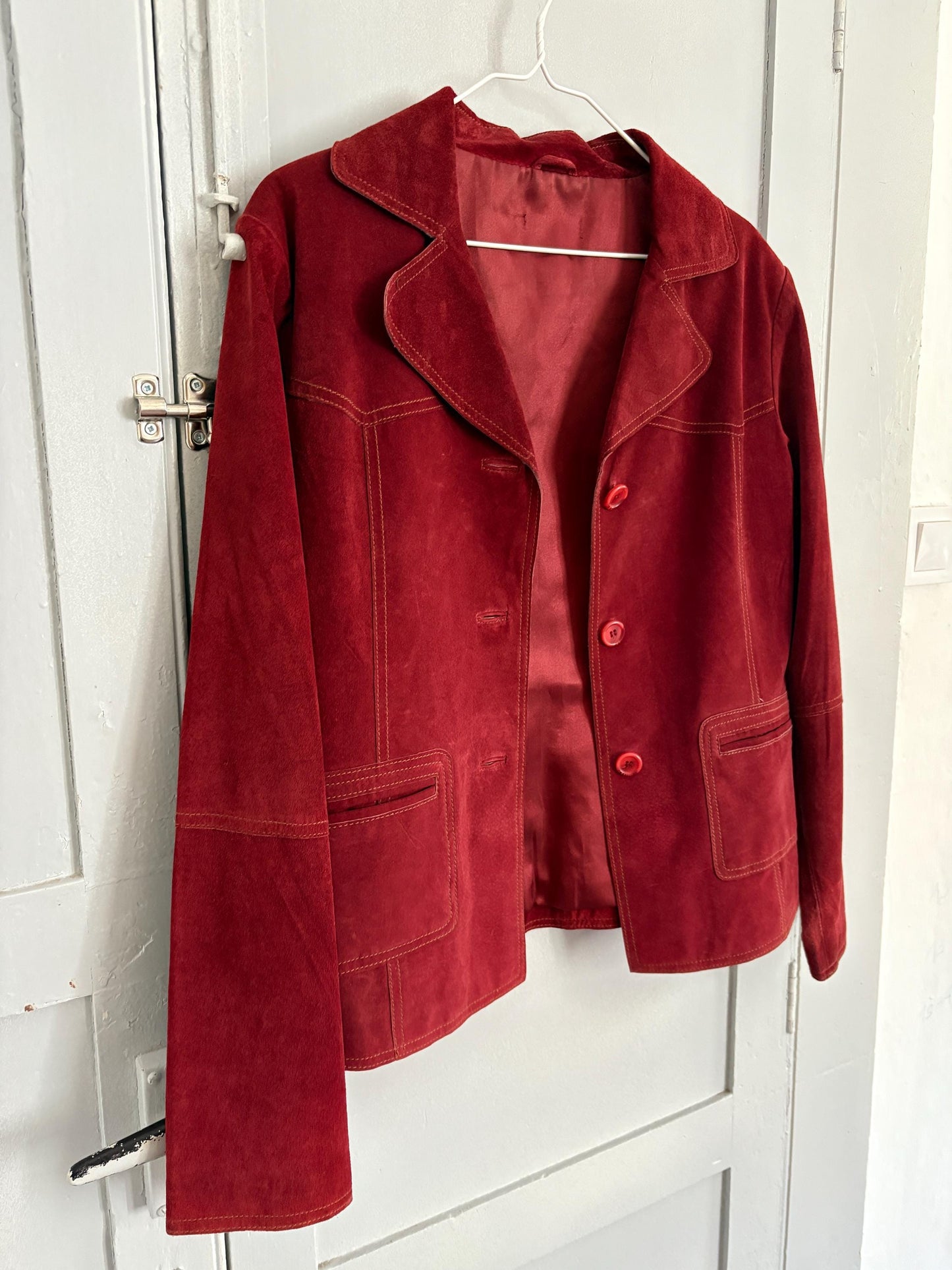 Vintage Dark Red Suede Pig Leather Jacket, Oversized 90s Blazer, Button-Up Suede Coat,
