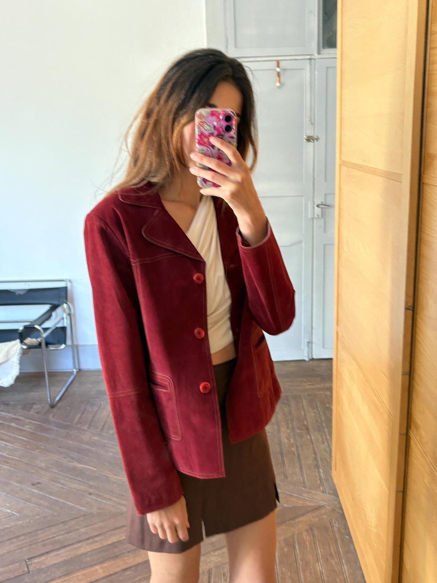 Vintage Dark Red Suede Pig Leather Jacket, Oversized 90s Blazer, Button-Up Suede Coat,