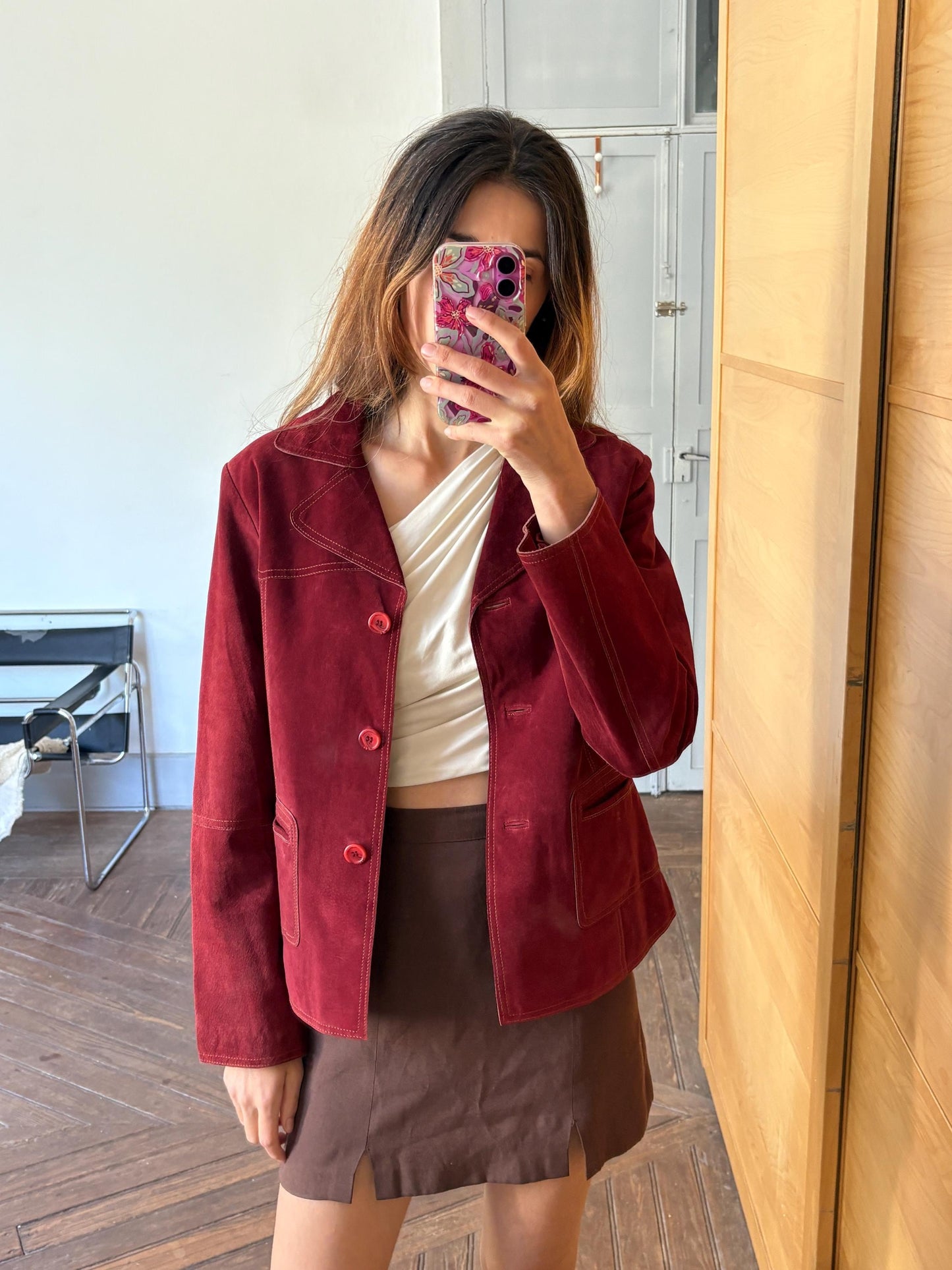 Vintage Dark Red Suede Pig Leather Jacket, Oversized 90s Blazer, Button-Up Suede Coat,