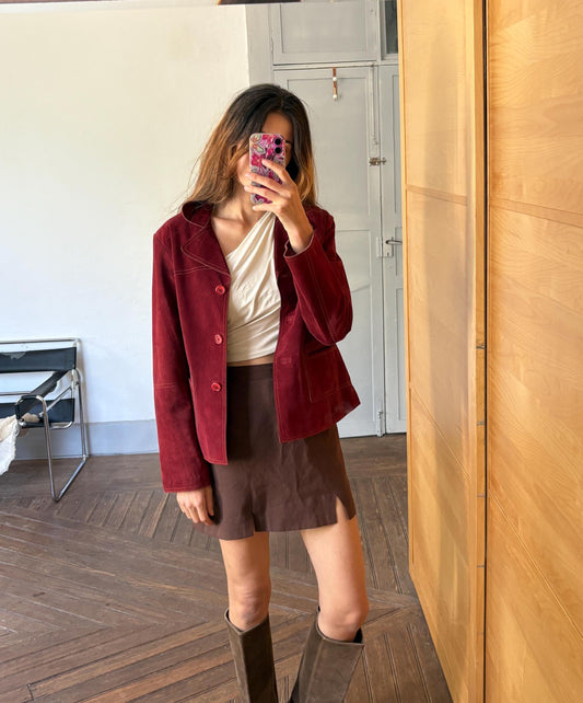 Vintage Dark Red Suede Pig Leather Jacket, Oversized 90s Blazer, Button-Up Suede Coat,