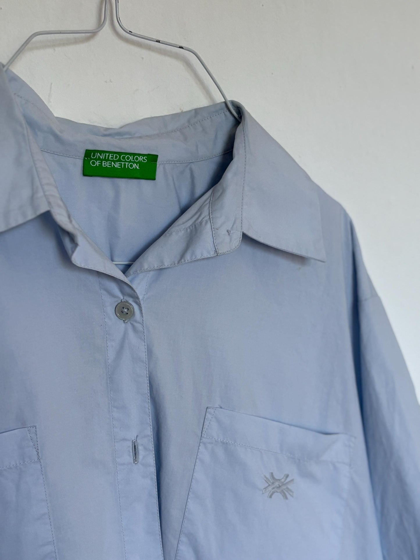 Vintage United Colors of Benetton cropped shirt, Oversized button down light blue crisp woman blouse