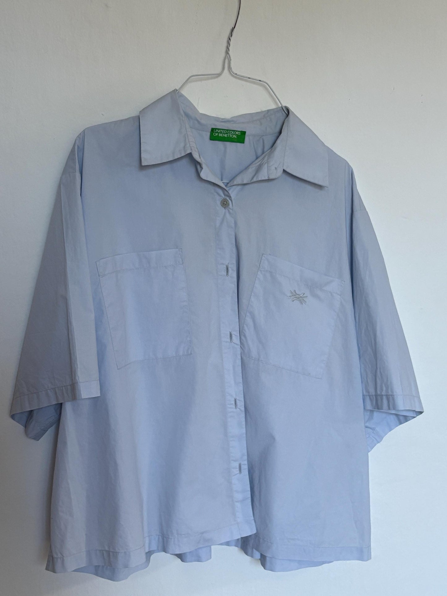 Vintage United Colors of Benetton cropped shirt, Oversized button down light blue crisp woman blouse