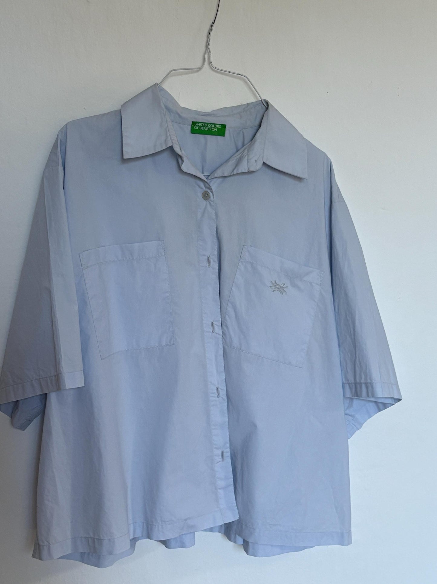 Vintage United Colors of Benetton cropped shirt, Oversized button down light blue crisp woman blouse