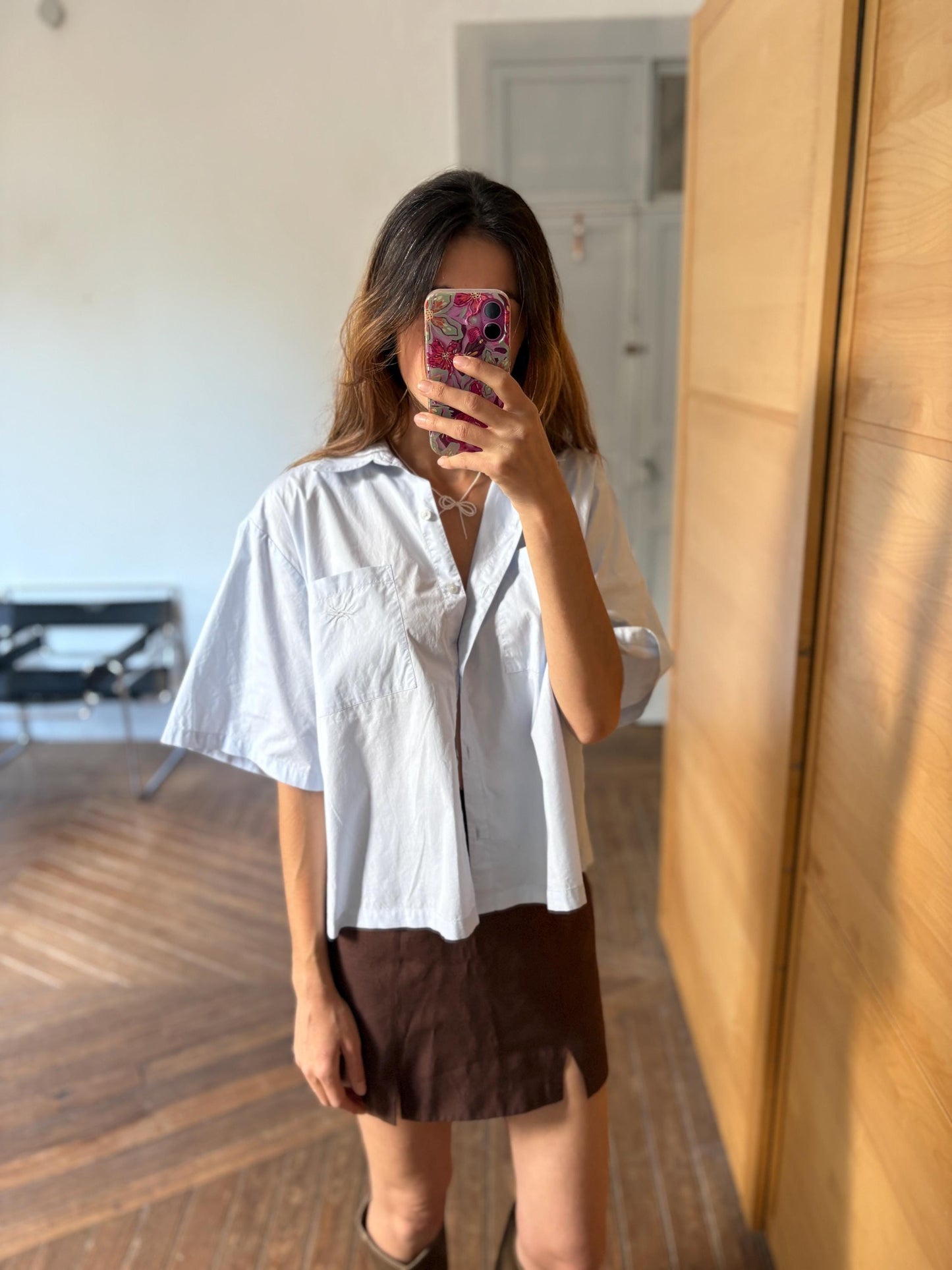 Vintage United Colors of Benetton cropped shirt, Oversized button down light blue crisp woman blouse