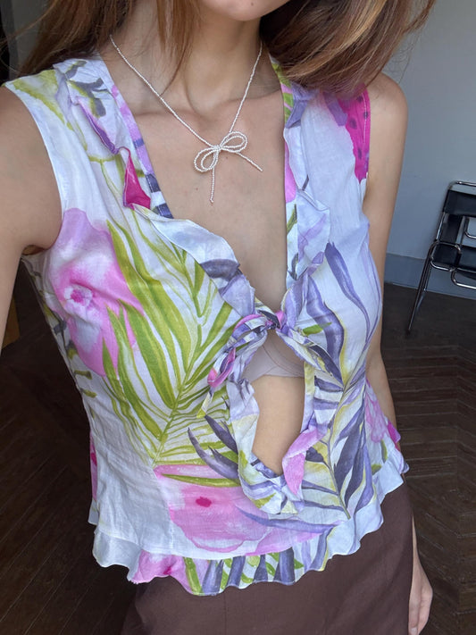 Vintage Floral Camisole – Fun & Sexy Ruffled Summer Top – Unique Minority Brand Blouse – 100% Cotton Size XS - S