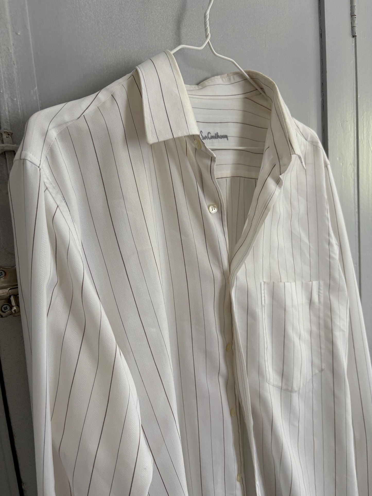 Vintage White & Grey Pinstriped Men's Button-Up Shirt – Sir Anthony Spain – Oversized Boyfriend Fit – Unisex Minimalist Aesthetic