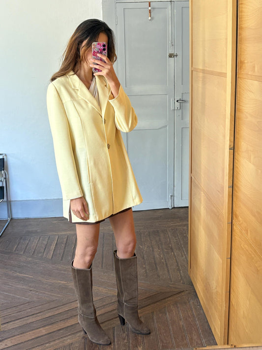 Vintage Light Pastel Yellow Blazer, Unique Button Detail, Longline Structured Jacket, 80s Power Suit Aesthetic, Size M-L
