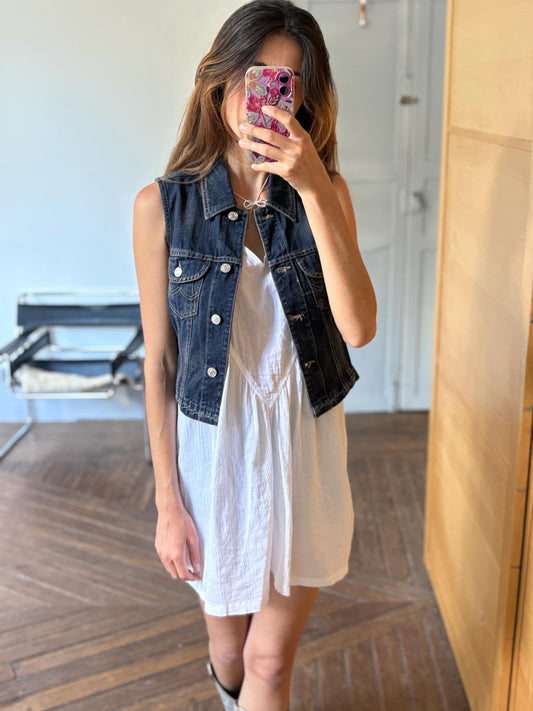 Vintage United Colors of Benetton denim sleeveless jacket, Retro cotton Y2K style fitted vest, Size XS