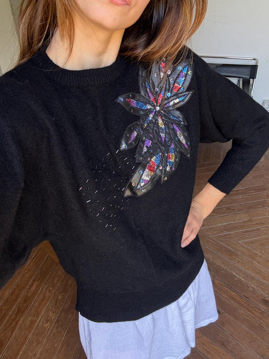 Vintage lambswool jumper with padded shoulders, Black 80s sequin floral detail jumper, size XS - S