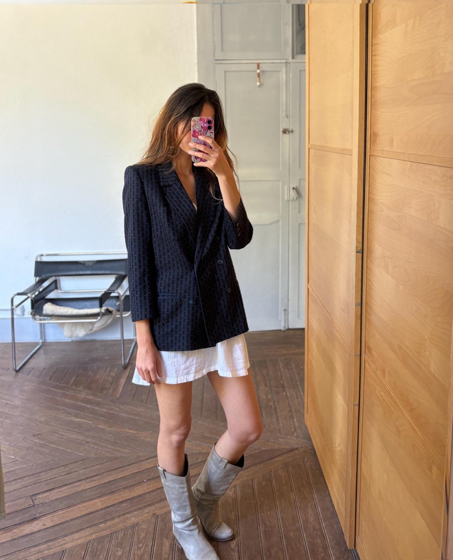 Vintage wool blazer made in Spain oversized boyfriend fit groovy pinstripe pattern navy jacket