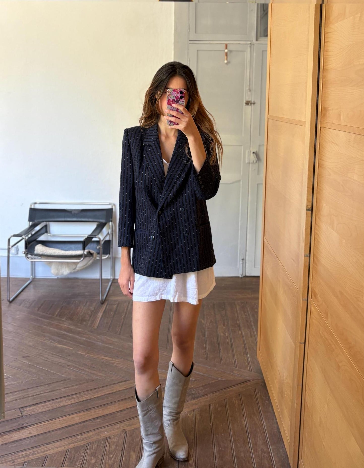 Vintage wool blazer made in Spain oversized boyfriend fit groovy pinstripe pattern navy jacket
