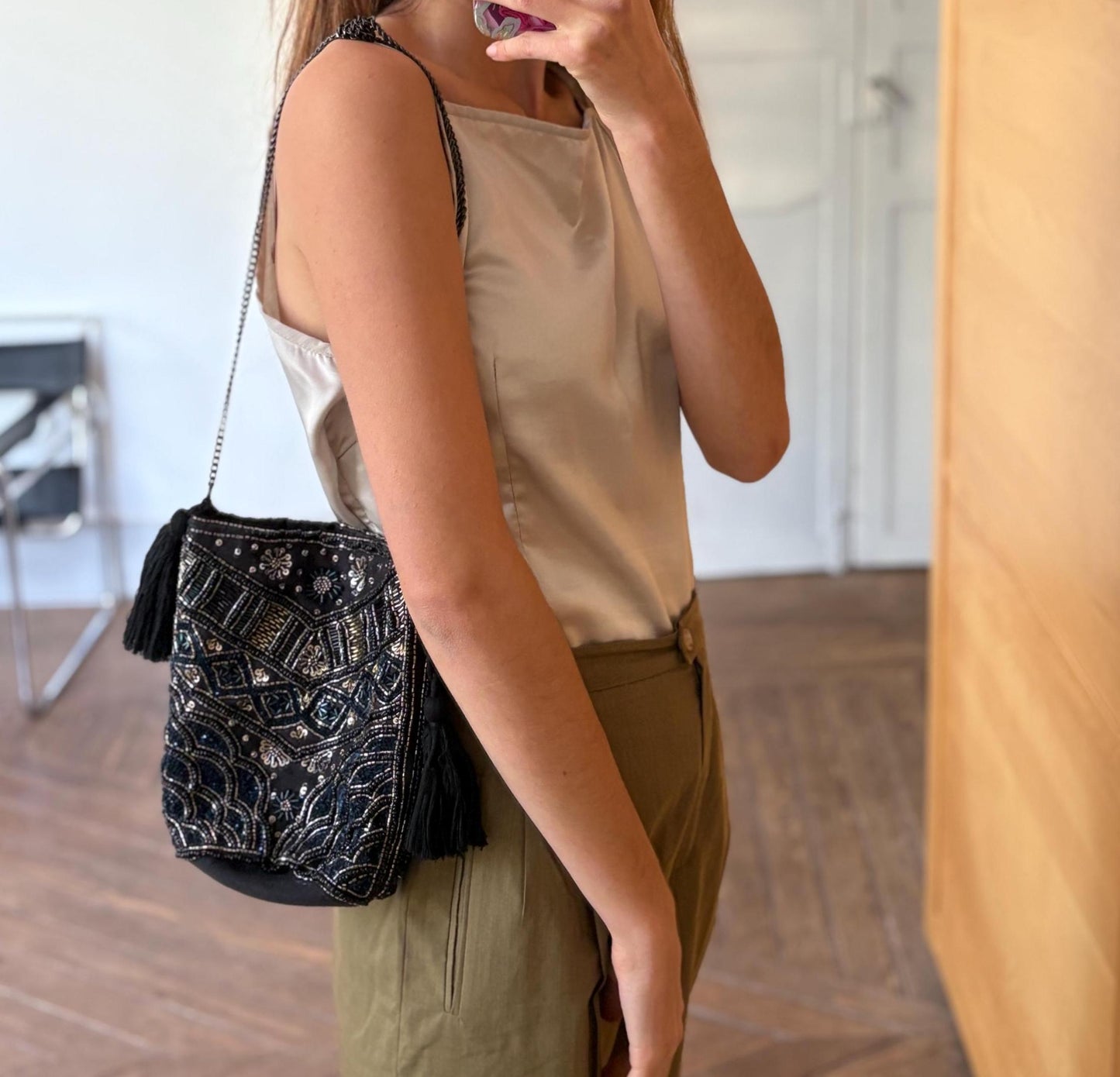Vintage Black Beaded Sequin Shoulder Bag – Boho Gatsby-Inspired Evening Purse with Tassels