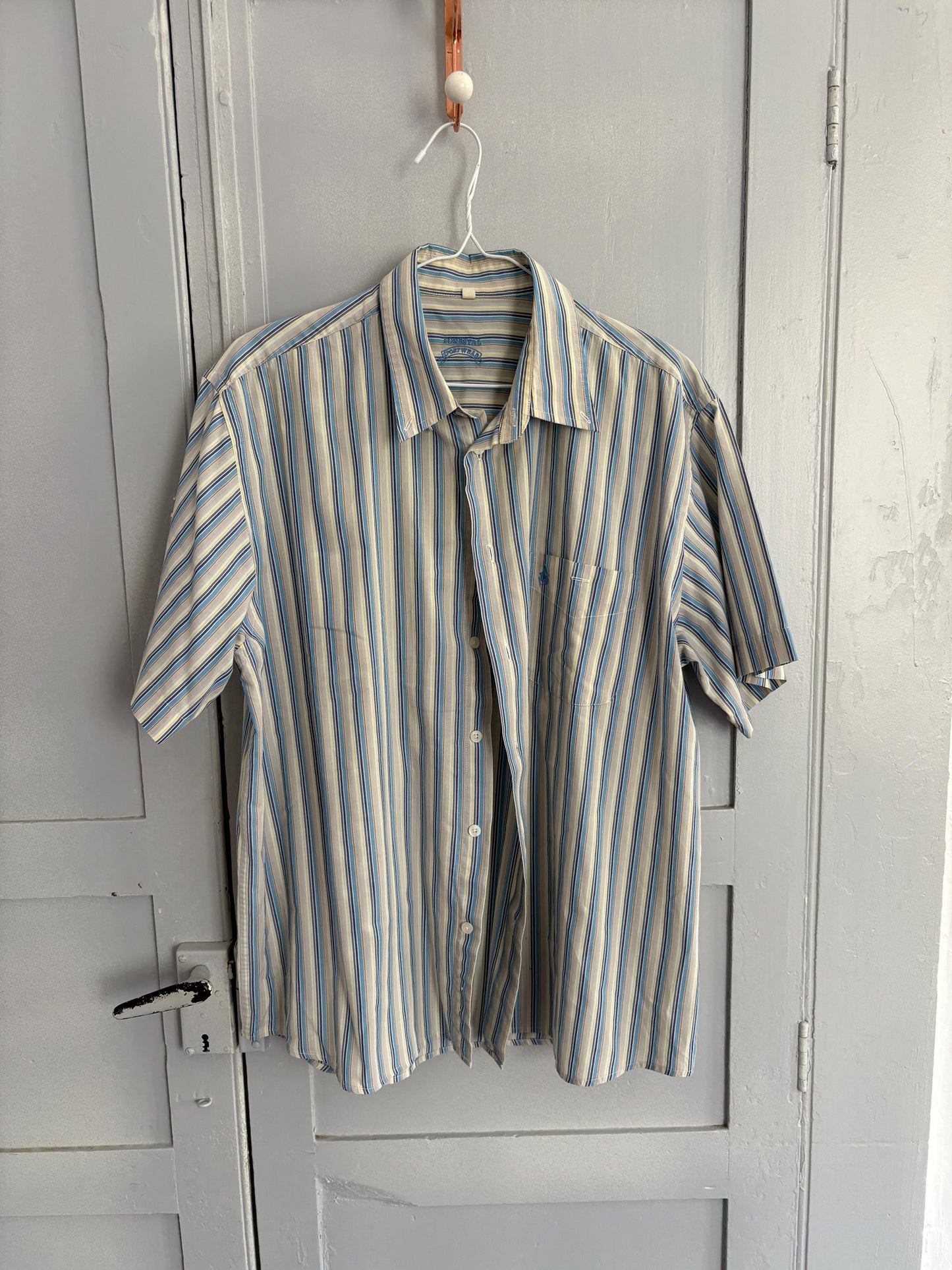 Vintage striped button-down, oversized unisex summer shirt, Forestal Sportswear, breathable cotton, retro classic menswear, shirt dress
