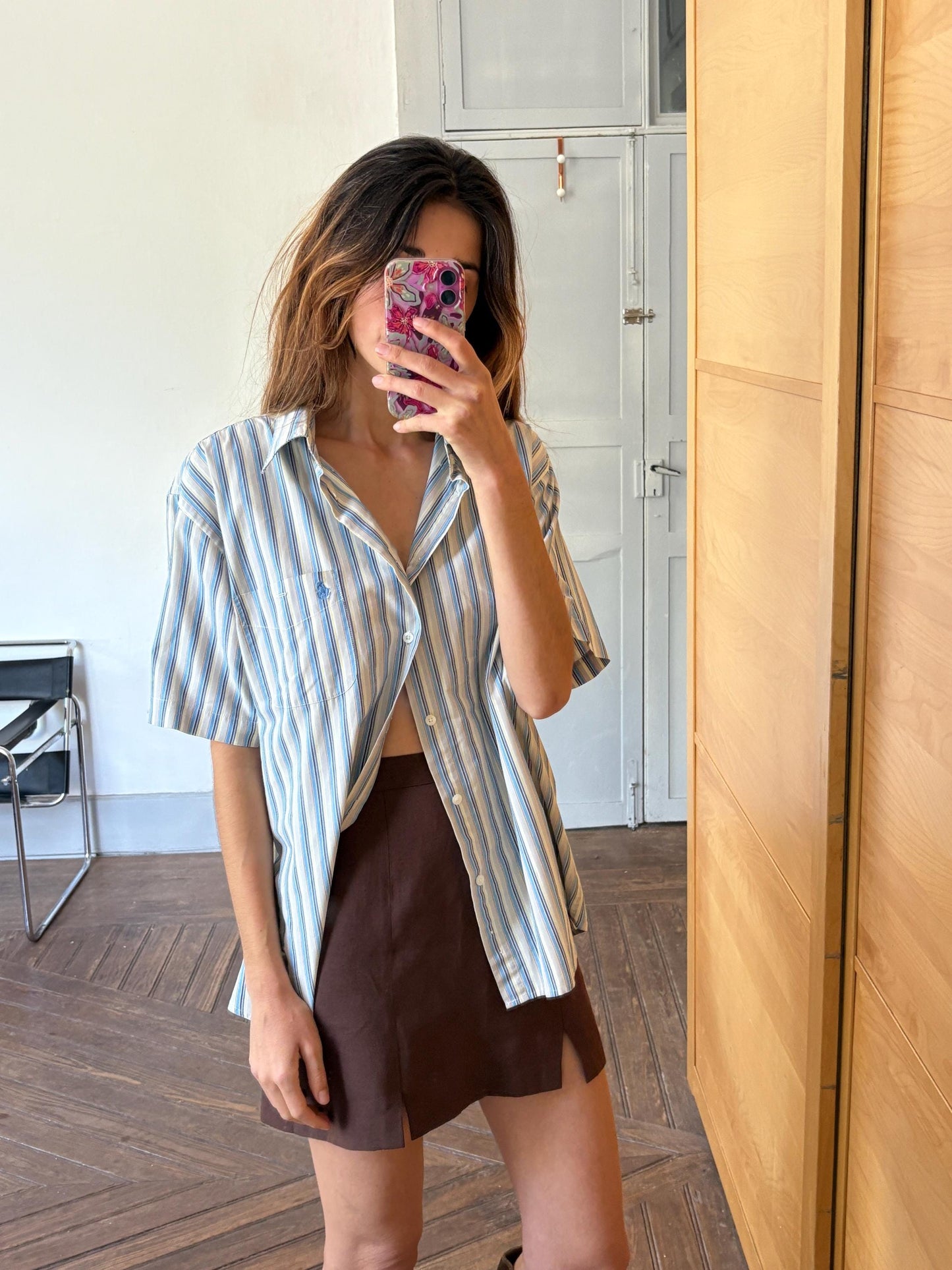 Vintage striped button-down, oversized unisex summer shirt, Forestal Sportswear, breathable cotton, retro classic menswear, shirt dress