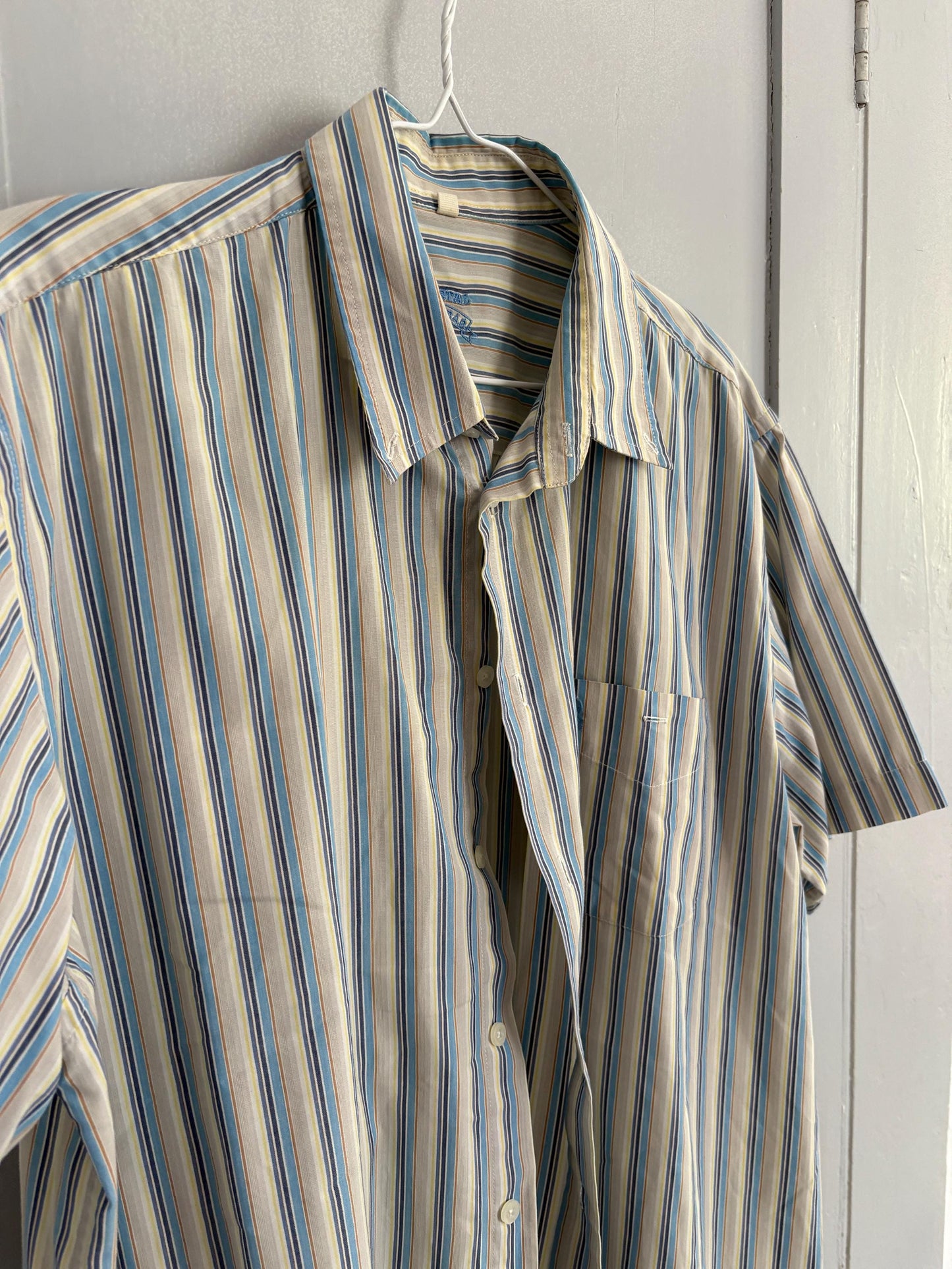 Vintage striped button-down, oversized unisex summer shirt, Forestal Sportswear, breathable cotton, retro classic menswear, shirt dress