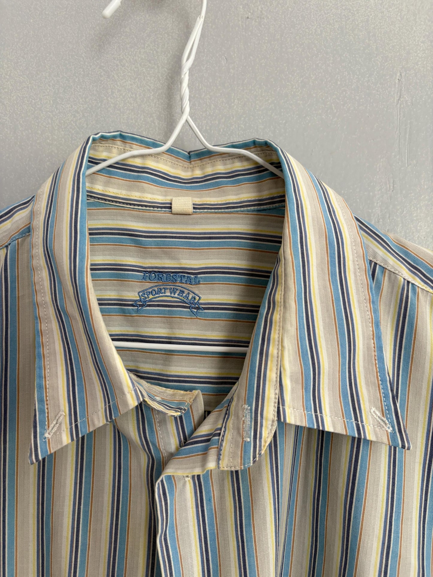 Vintage striped button-down, oversized unisex summer shirt, Forestal Sportswear, breathable cotton, retro classic menswear, shirt dress