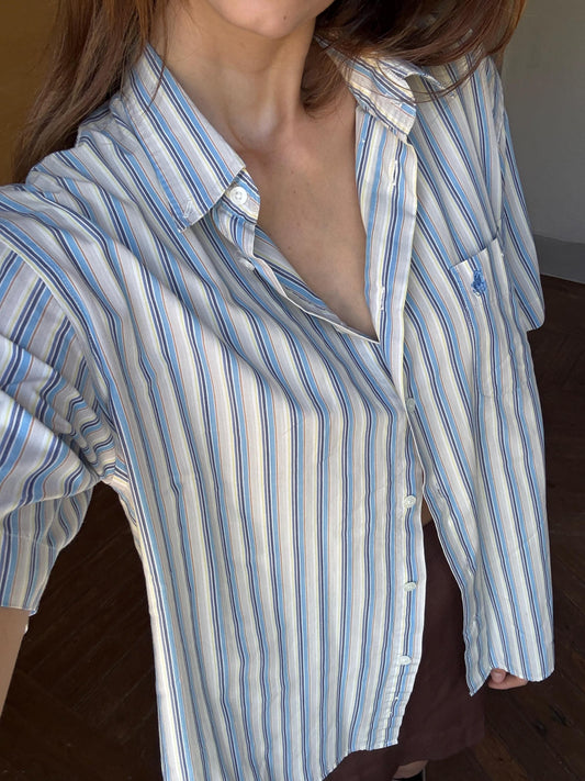 Vintage striped button-down, oversized unisex summer shirt, Forestal Sportswear, breathable cotton, retro classic menswear, shirt dress
